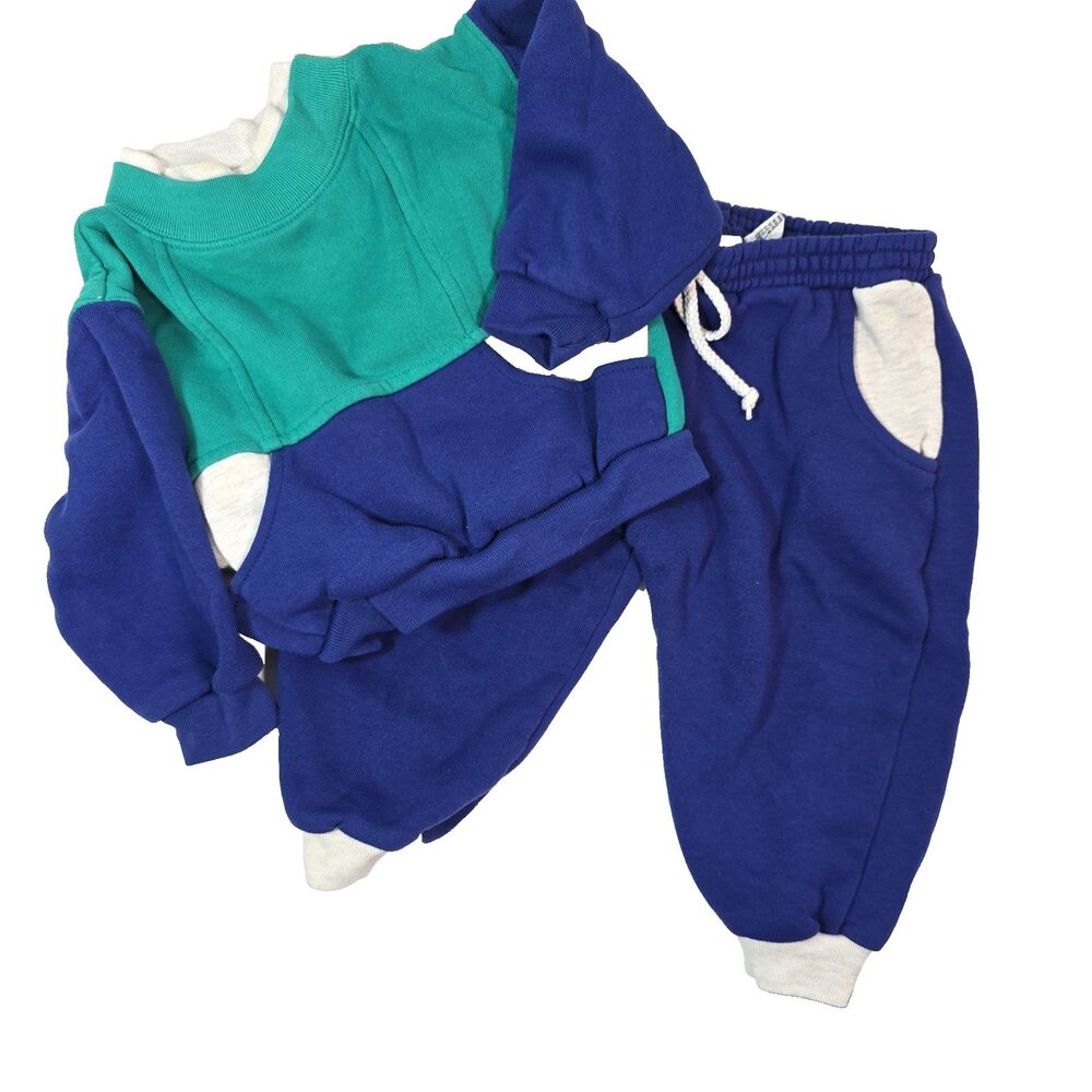 Vintage 90s Toddler Boys 2T Color Block Sweatsuit Jogger Set Blue Green Retro